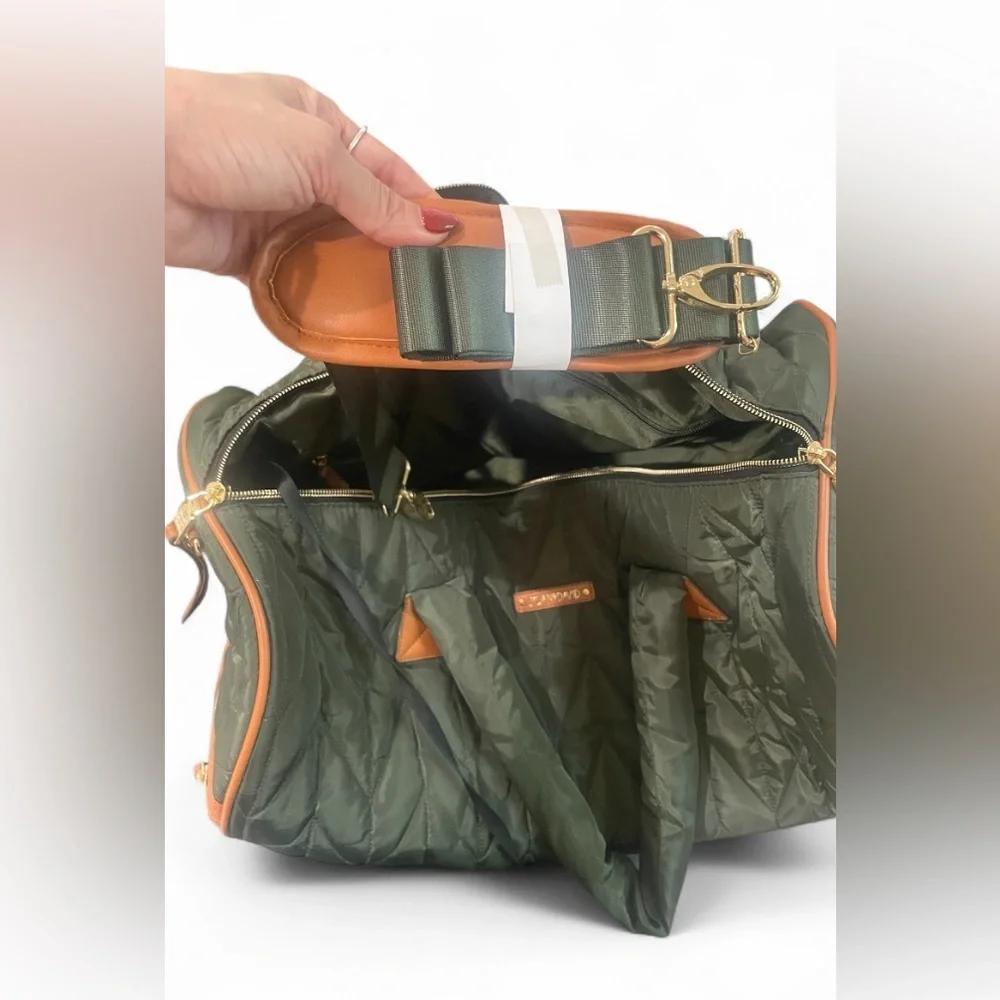 Joan & David Quilted Duffel Bag with Strap & Matching Pouch – Olive Green 20”